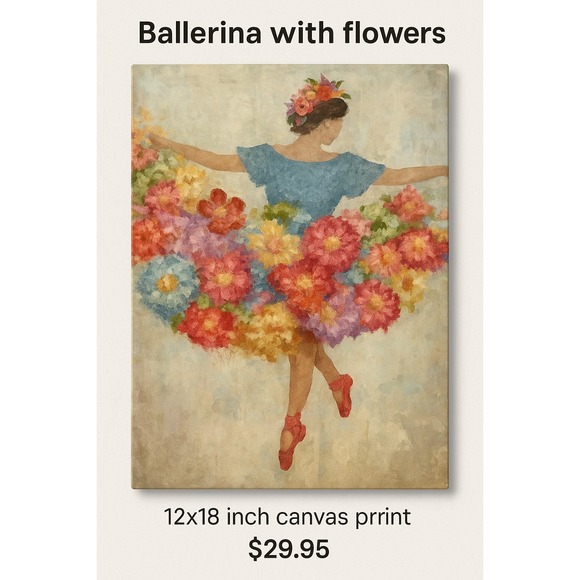 The Unbranded Brand Other - Elegant Floral Dancer Canvas Wall‎ Art – 12"x16" – Ballet Decor